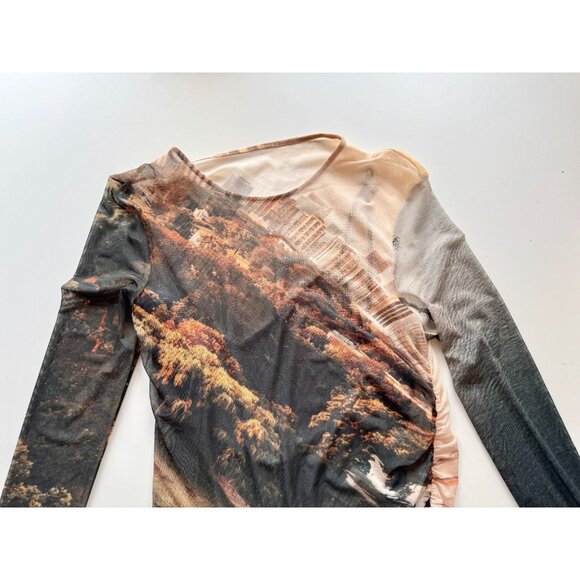 ZARA Grey Orange Landscape Print Mesh Long Sleeve Ruched Maxi Dress, Size M - Picture 7 of 16